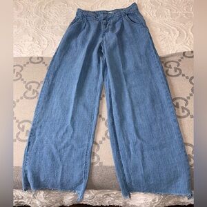 Free People 100% Linen Denim Blue Jeans, Raw Hem, size 4